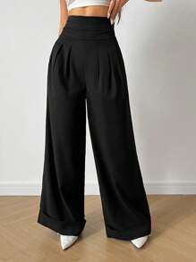 Pantalones largos extra casuales y minimalistas de unicolor para mujer - Negro - Ver 3