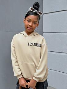 SHEIN Tween Girl Street Fashion Knitted Solid Color Round Neck Long Sleeve Pullover Sweatshirt,In Fall/Winter - Apricot - View 5