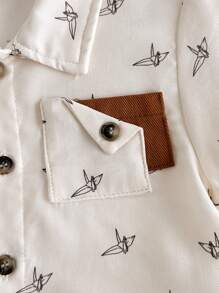 Cozy Pixies Baby Boy Color-Block Crane Pattern Polo Shirt And Casual Shorts Set - Apricot - View 5