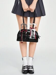 ROMWE Kawaii 女款復古可愛格紋蝴蝶結腰包，櫻桃與愛心裝飾，多口袋波士頓單肩包，學院風，可愛櫻桃元素 - 黑色 - 查看 6