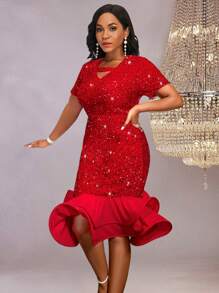 Vestido de fiesta brillante con volantes de un solo hombro - Rojo - Ver 5