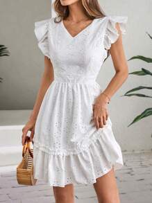 SHEIN Cottnline VCAY Collar V Neck Eyelet Embroidery Ruffle Trim Hem And Ruffle Sleeve Summer Dress - White - View 1