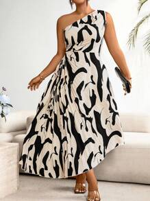 Celure Vestido de verano estampado informal con pliegues y hombros oblicuos para mujer de talla grande
