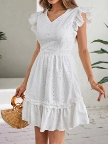 SHEIN Cottnline VCAY Collar V Neck Eyelet Embroidery Ruffle Trim Hem And Ruffle Sleeve Summer Dress - White - View 5