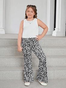 SHEIN Tween Girls Extended Size 2pcs Casual Floral Pattern Sleeveless Round Neck Sweatshirt And Flared Pants Set