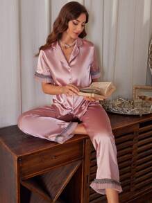 Color Block Pleated Lace Decoration Short-Sleeve Top And Long Pants Pajama Set, Imitation Silk Collar