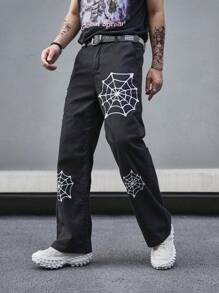 Manfinity EMRG Men Spider Web Print Straight Leg Jeans Without Belt - Black - View 7