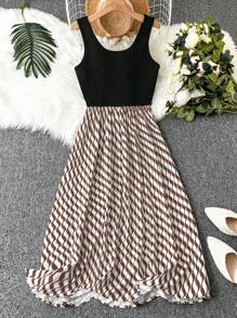 SHEIN Clasi 加大波浪条纹印花腰带连衣裙，适合夏季长款女装 - 棕色 - 查看 2