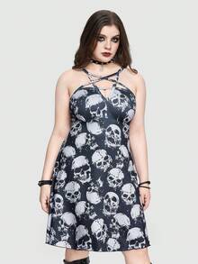 ROMWE Goth Skull Allover Print Plus Size Dress - Multicolor - View 4