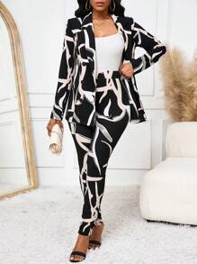 SHEIN Lady Women's Abstract Stripe Print Long Sleeve Blazer And Trousers Suit Set, Going Out Outfits Black And White Teacher Clothes Women Vintage Clothes