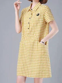 Women's Point Collar Short Sleeve Front Button Pocket Plaid Mini Dress - Yellow - View 1