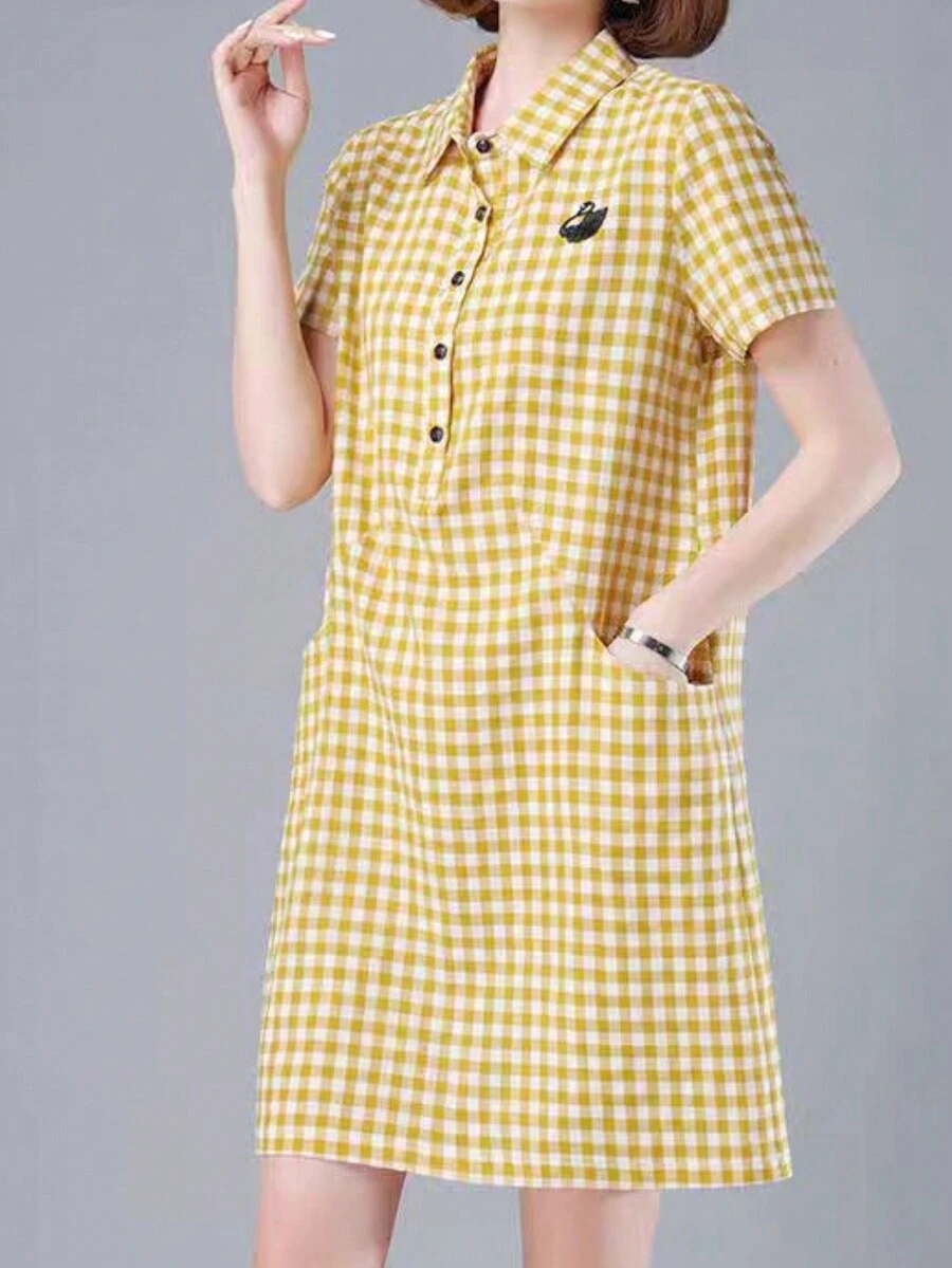 Women's Point Collar Short Sleeve Front Button Pocket Plaid Mini Dress - Yellow - View 1