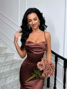 QOQ Fancy Fishtail Extra Long Spaghetti Strap Halter Solid Color Satin Gown Dress For Dinner Party - Redwood - View 5