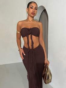 SHEIN BAE Summer Vacation Style Strapless Slit Dress And Top Set For Women's Date