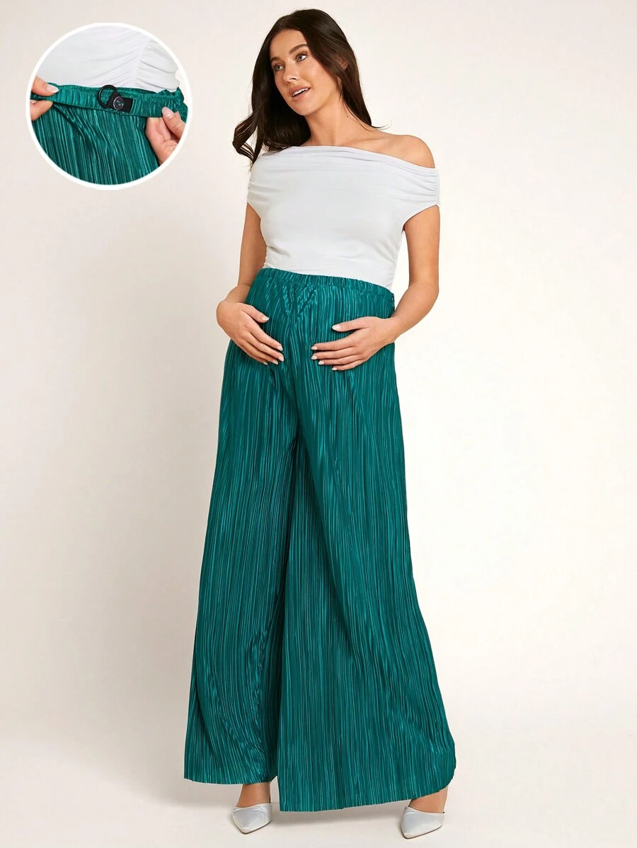 SHEIN 孕婦聚會專用，可調節彈性腰帶，直腳牛仔高腰修身褲 - 墨綠色 - 查看 1