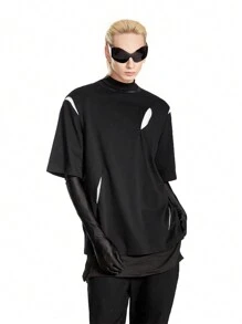 Manfinity VCAY 男士針織寬鬆下垂肩休閒T卹，採用透明拼接寬圓領，街頭風格，適合日常穿著，適用於夏季 - 黑色 - 查看 5