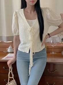 DAZY Women's Solid Color Simple Daily Short Sleeve Tie Knot T-Shirt