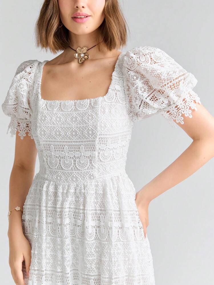 Romantic Summer Holiday Square Neck Puff Sleeve Ruffle Hem Lace Dress