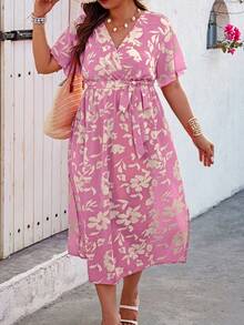 SHEIN Holidaya Plus Size Summer Vacation Random Printed Flounce Sleeve Dress - Pink - View 3