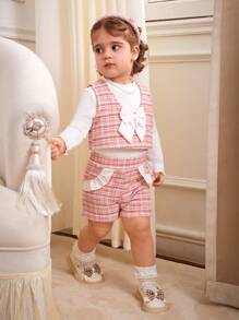 Baby Girls' Stylish Elegant Base Layer Top & Shorts Set - Pink - View 3