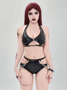 ROMWE Goth Bộ bikini đơn giản hàng ngày màu trơn dành cho nữ đi biển mùa hè - màu đen - Xem 4
