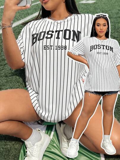 SHEIN EZwear Women's Plus Size Striped Sports T-Shirt With Boston Letter Print, Perfect For Summer & Early Autumn Sports, Back To School & Daily Casual Wear. The Loose-Fit, Long Striped Tee Features A Round Neckline, With The Text Details Printed In Black & Adhered On A White Background Resembling A Sports Jersey.