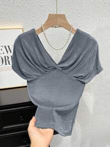 Chiquease Women's Summer Solid Color Slim Fit Off-Shoulder Pleated T-Shirt - Grey - View 7