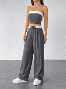 SHEIN PETITE Contrast Trim Tube Top & Straight Leg Pants - Grey - View 7