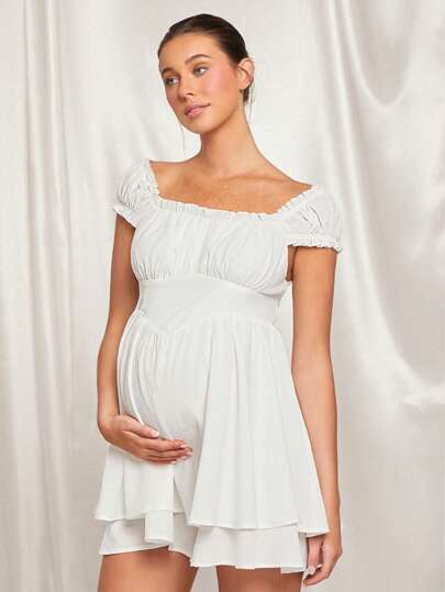 MaterniChic 孕妇泡泡袖白色连体衣套装，适合婴儿洗礼派对