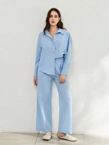 SHEIN Cottnline Blue Two Pieces Blue Shirt And Palazzo Pant - Blue - View 5