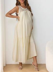 SHEIN Maternity Casual Beachwear Women's Clothing, Long Hollow Lace Maternity Dress - Yellow - View 5