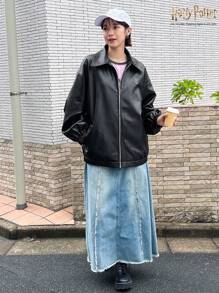 Harry Potter X Friful 女士刺绣图案宽松开衫皮夹克外套有领，秋季服装 - 黑色 - 查看 2