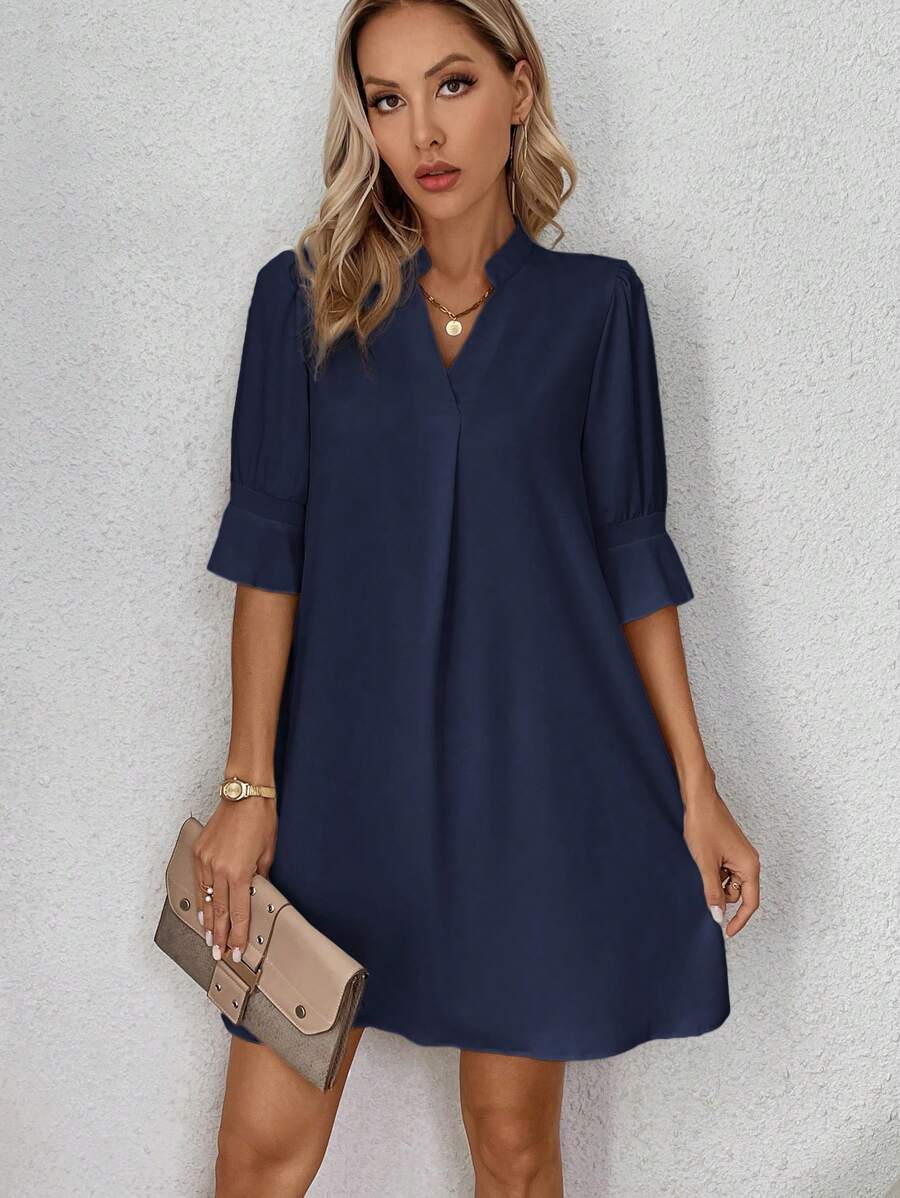 SHEIN Clasi Ladies' Plain & Simple Daily Short Sleeve Dress - Navy Blue - View 1