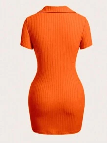 SHEIN Vestido naranja mini ajustado de Body con escote en V acanalado para mujer