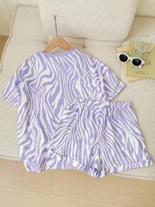 SHEIN LMoss Kids LMoss Tween Girl Tween Girls' Casual Knit Wavy Pattern Short Sleeve T-Shirt And Shorts Set - Purple - View 2