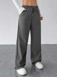 SHEIN PETITE 女士休闲纯色宽松阔腿裤 - 灰色 - 查看 5