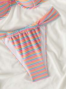 SHEIN Swim 女士条纹性感比基尼套装，适合夏季海滩，两件套比基尼套装 - 彩色 - 查看 3