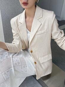 DAZY 翻领纯色翻盖细节亚麻女式外套，秋季女装 - 杏色 - 查看 1
