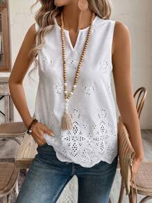EMERY ROSE Notched Neckline Scallop Trim Eyelet Embroidery Blouse For Summer - White - View 3