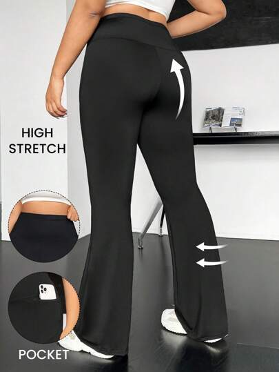 SHEIN EZwear Pantalones acampanados casuales de cintura alta con bolsillos para mujer de talla grande de unicolor