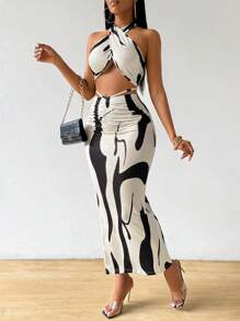 Zolique Women's Summer Vacation Set Printed Halter Vest And Long Skirt Apricot Two-Piece Set - Apricot - View 3