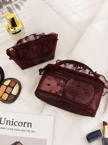 1pc Heart Pattern Makeup Bag L/S Size Mesh Fabric Love Embroidered And Lace Trimmed Cosmetic Bag With Ruffle Edge And Handle Makeup Bag Storage Makeup Organizer Makeup Case Frill Pattern Cosmetic Bag Embroidery And Lace Detail, Charming Handheld Cosmetic Pouch For Wedding Gift, Gift, Friend Gift, Bridesmaid Gift, Her, Birthday Gift Makeup Bags Make Up Organizer Makeup Storage