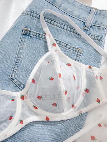 Mesh Strawberry Print Breathable Underwire Verleidelijke BH Triangle Panties (Sexy Underwear Set) Schattige Women Set, Lingerie view 4