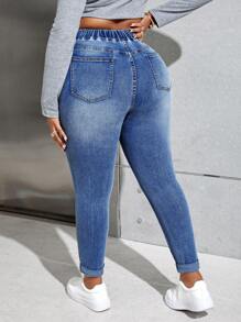 Slaydiva Plus Size Tight Sexy Denim Pants With Pockets - Medium Wash - View 2