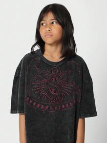 SUMWON Camiseta lavada con bordado en un corte sobredimensionado para niñas preadolescentes - Negro - Ver 4