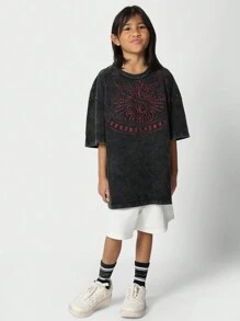 SUMWON Camiseta lavada con bordado en un corte sobredimensionado para niñas preadolescentes - Negro - Ver 5