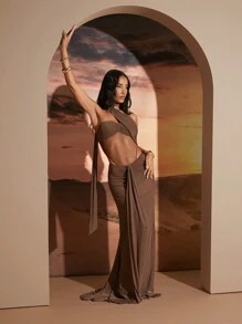 Hauture 不对称挂脖领口网布拼接褶饰连衣裙 - 咖啡棕 - 查看 5