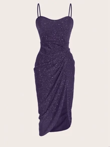 SHEIN Belle Mouwloze, rugloze, sprankelende, slanke zwarte jurk met plooien, zijsplit en bodycon-ontwerp voor dames, maxi-damesoutfit