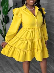 Slaydiva 大码秋装黄色衬衫款式秋季连衣裙、泡泡裙、柠檬裙、长袖、泡泡裙 - 黃色 - 查看 3