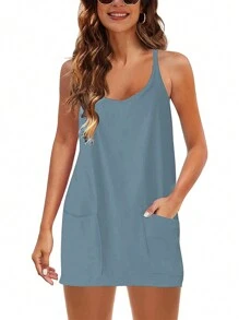 Easithlete Women's 2 In 1 Sporty Dress With Pockets - Dusty Blue - View 1